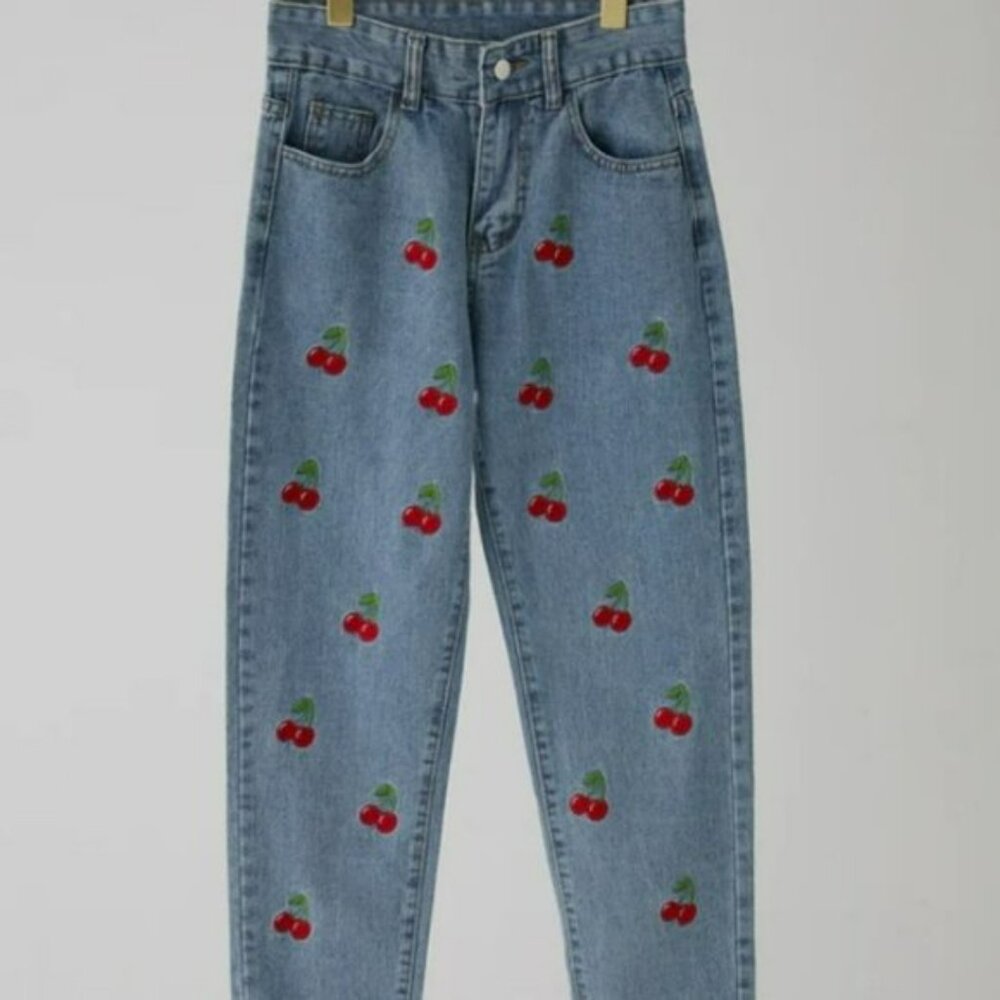 Embroidered Cherry Denim Jeans- Size XS